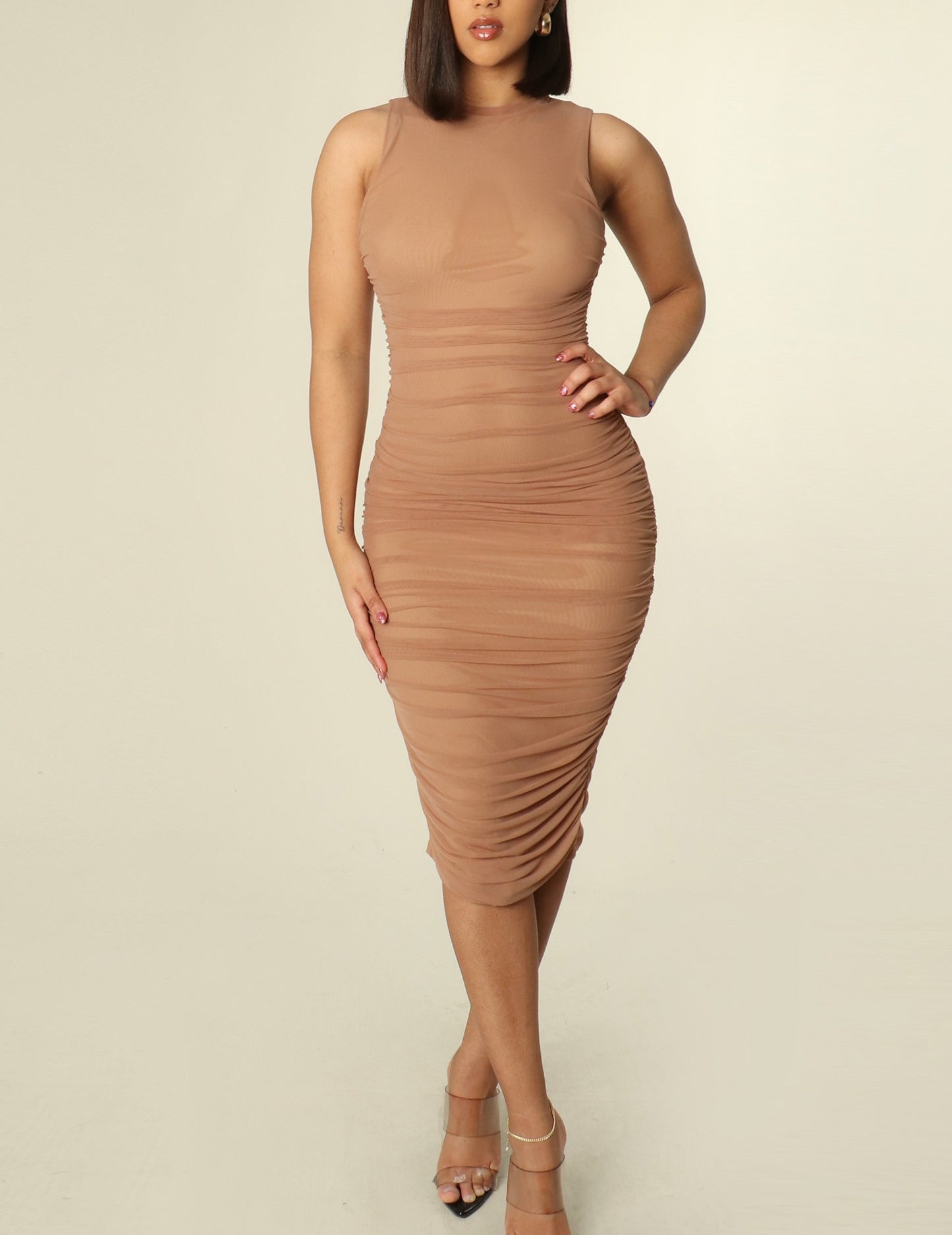 EMBODIED layered mesh midi dress