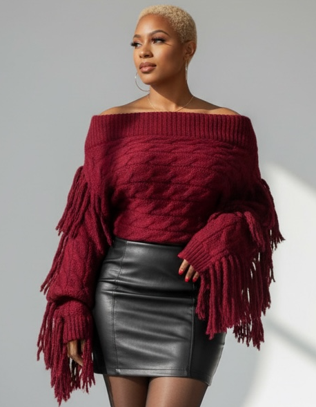 FRINGE BENEFITS off the shoulder sweater