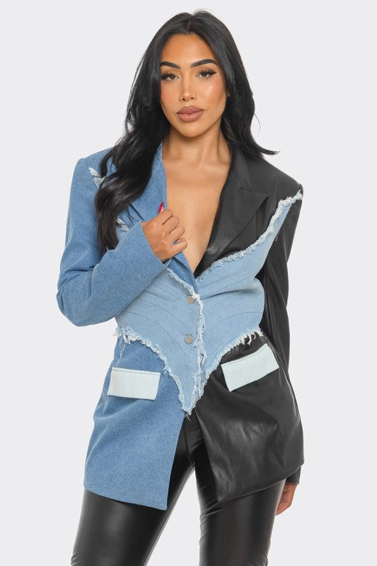 MIGHT EVEN denim and leather blazer